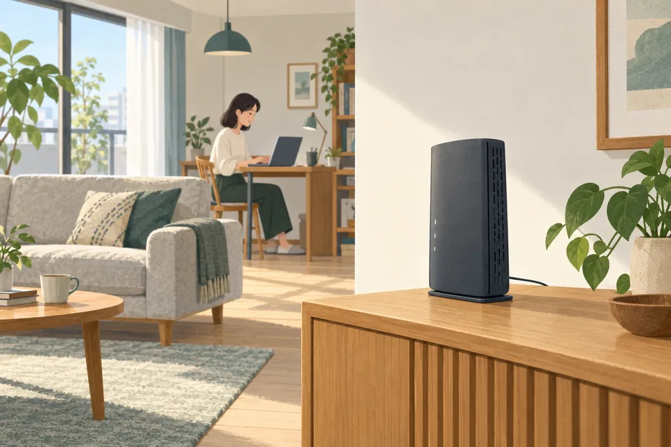開けた木製の棚に置かれたルーターと、別の場所でノートPCを使う人を描いた挿絵