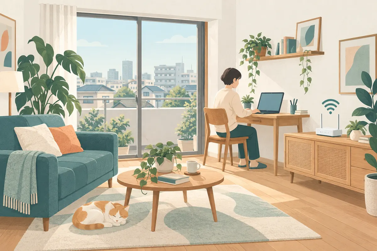 Wi-Fiルーターのある明るい部屋で、パソコンを使う女性のイラスト