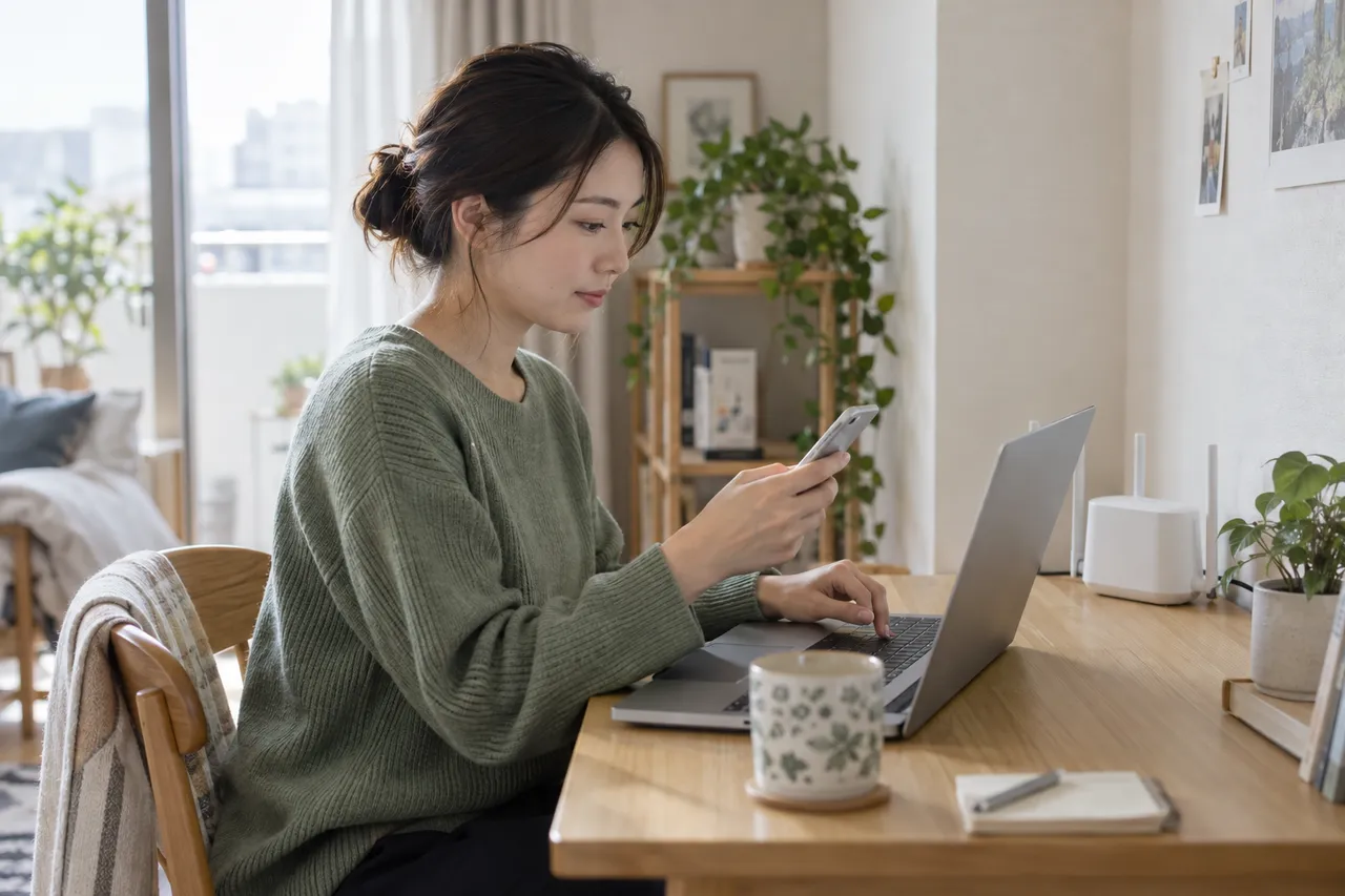 自宅のデスクで、ノートPCとスマートフォンを使う様子
